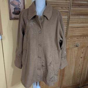 SUSAN GRAVER Women's Tan Embroidered Fleece Coat 2X